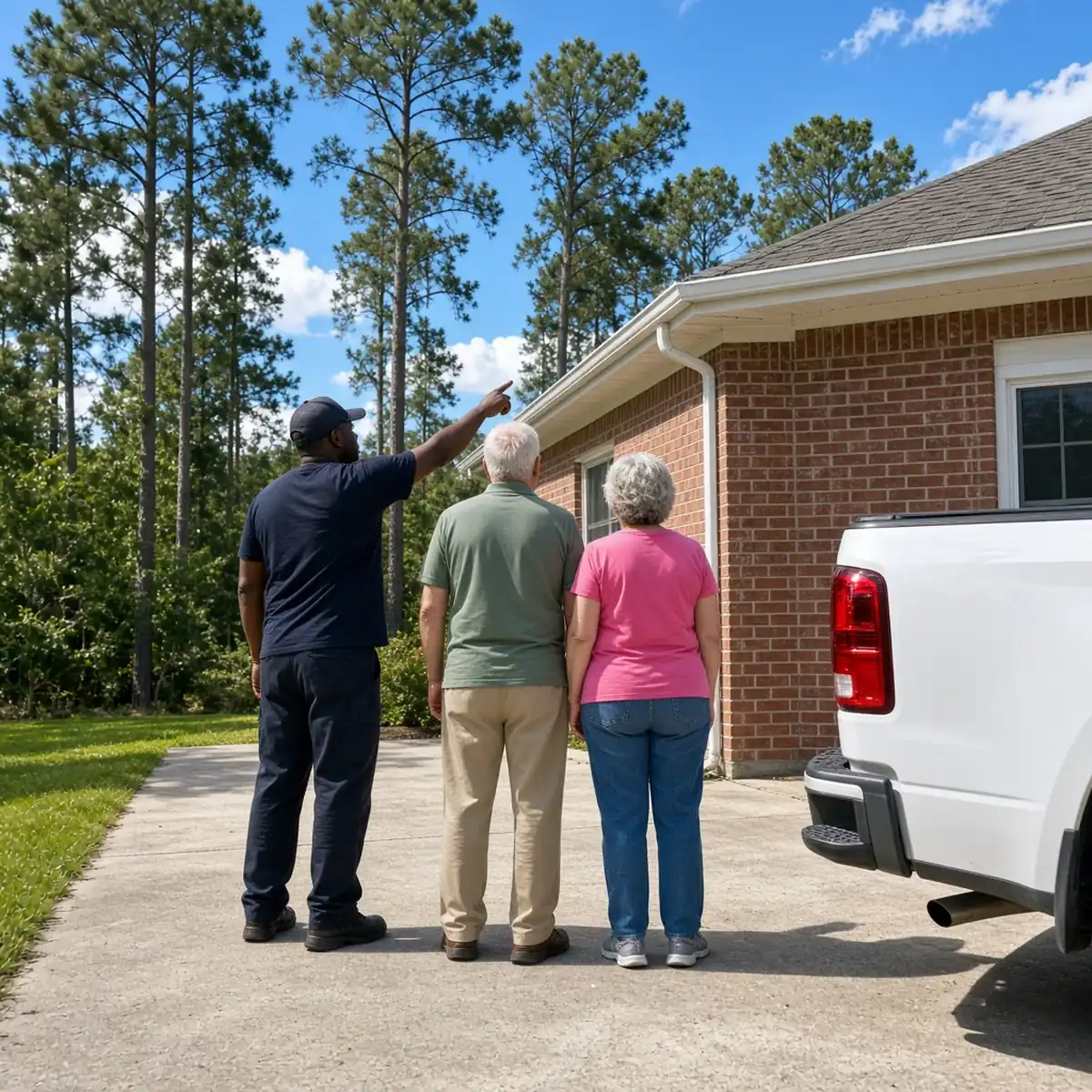 Gutter professional talking with a homeowner in a driveway