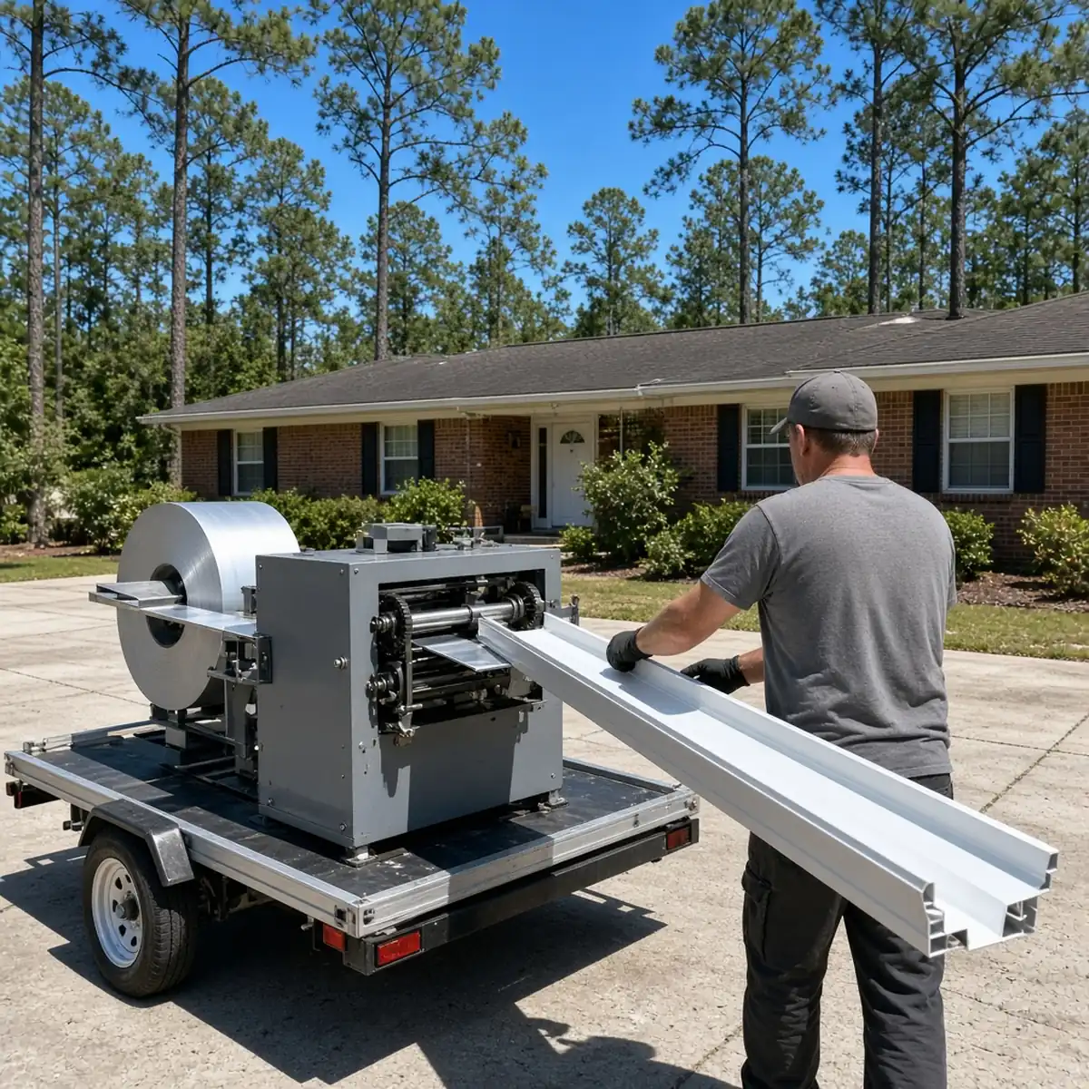 Seamless gutter being formed on site from aluminum coil