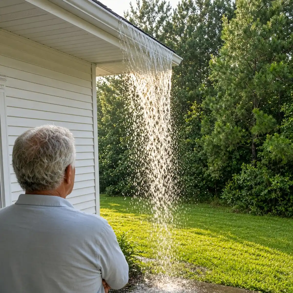 Rainwater pouring over the front of a gutter during a heavy Lowcountry downpour