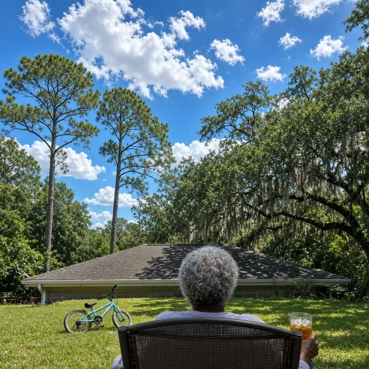 Homeowner relaxing under loblolly pines and a live oak with Spanish moss beside a Lowcountry roofline