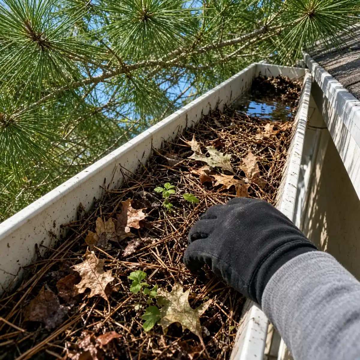 Gutter packed with a mat of pine needles and live oak leaves