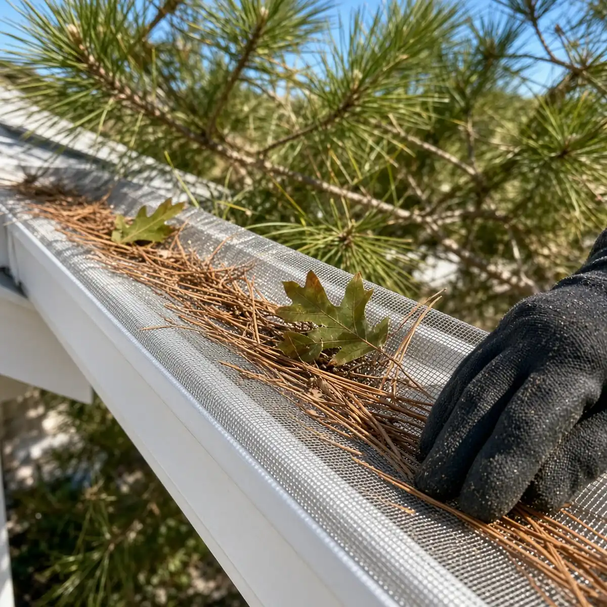 Pine needles resting on top of a micro-mesh gutter guard instead of inside the gutter