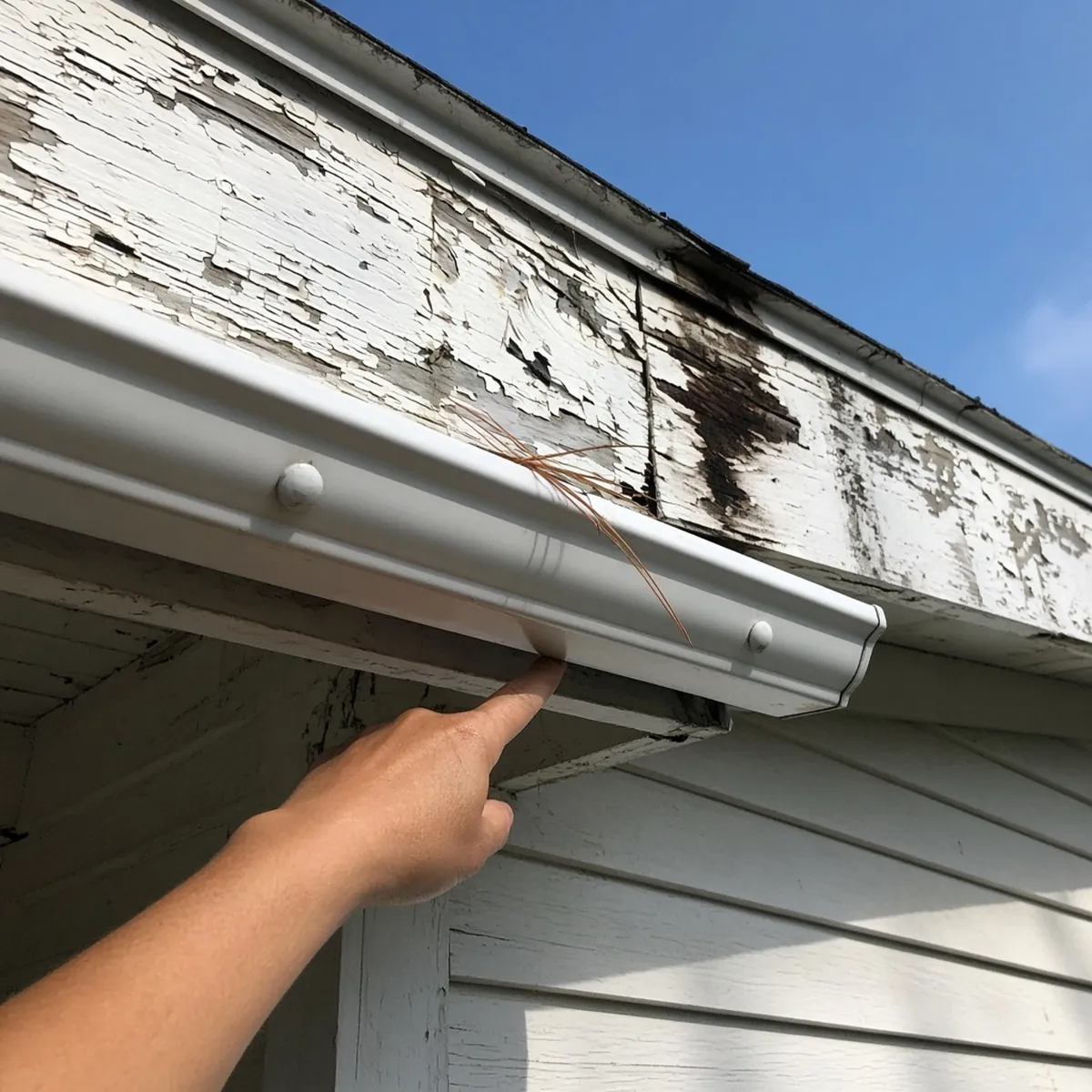 Gutter pulled away from a water-stained, rotted fascia board